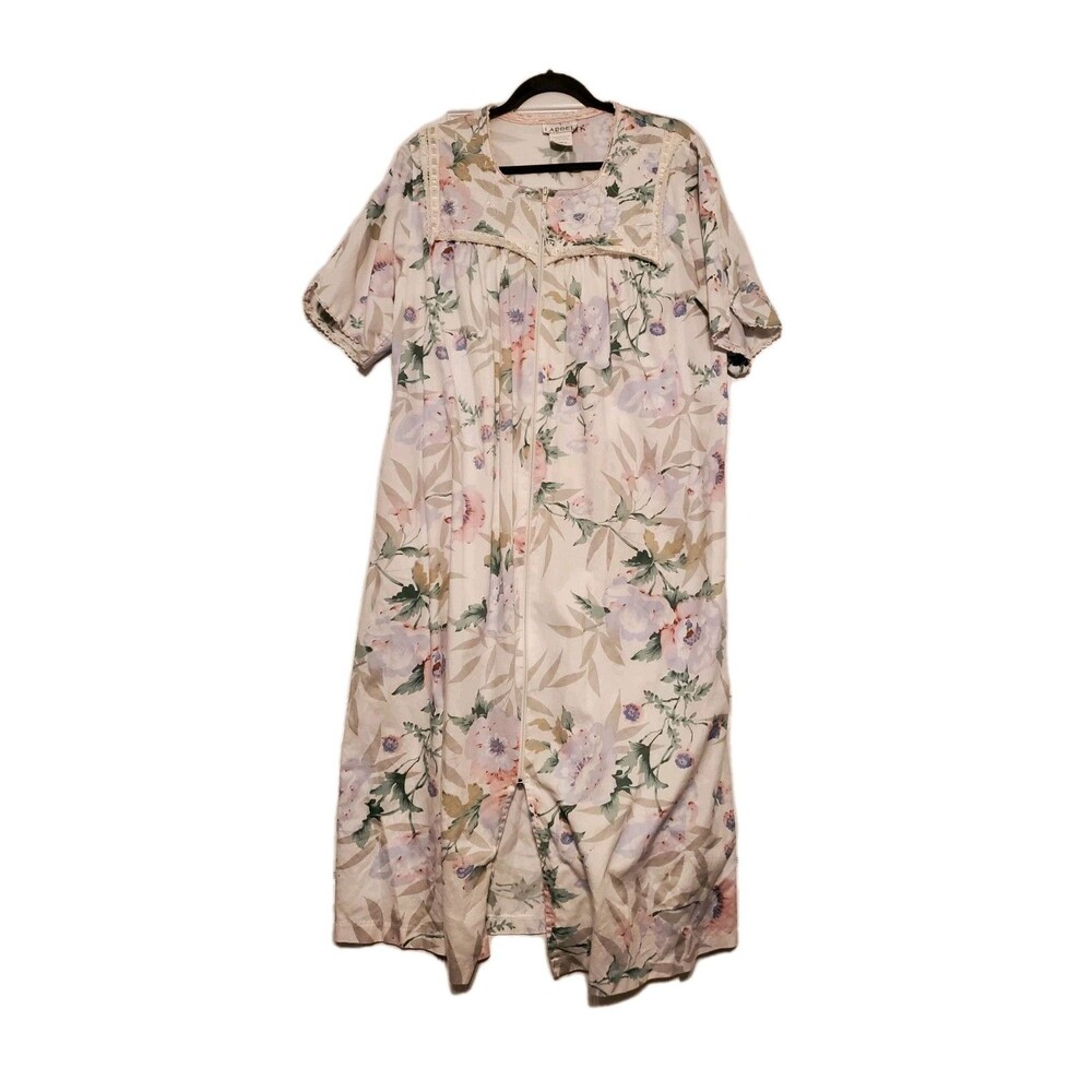Vintage 1990s I Appel Short Sleeve Duster Robe Large Grandma Floral Cotton Trad